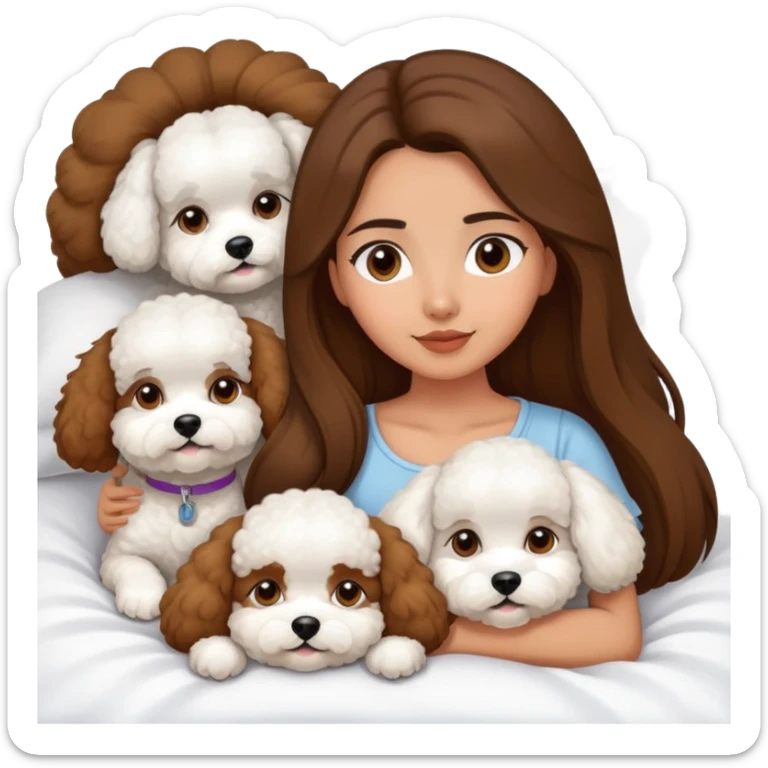 Olive skin girl with long brown hair in bed with 3 WHTE bichon frise's sticker