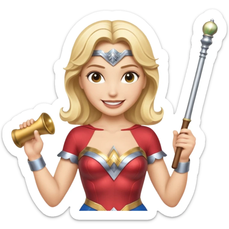 Blonde Wonder Woman holding short white orchestra conductor’s baton and bell sticker