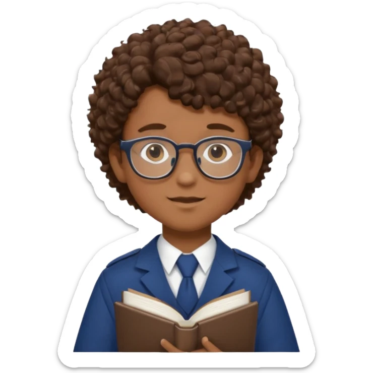 Boy student wearing uniform, glasses, hold book in front of their chest, brown curly hair, dark skin sticker