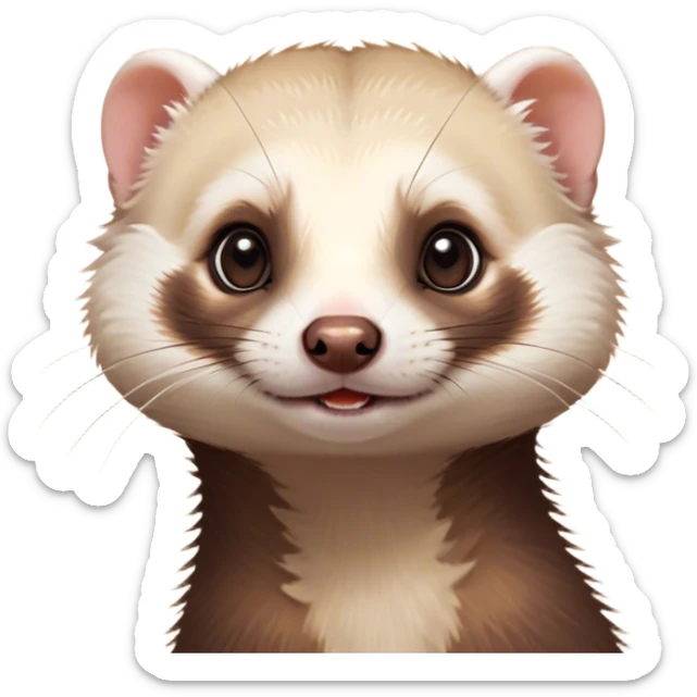 Cinematic Cute Ferret Portrait Emoji, Head tilted playfully, with an elongated, flexible body and a characteristically curious expression, featuring a short, pointed snout, bright, sparkling eyes, and soft fur in warm brown and cream tones, Simplified yet irresistibly adorable features, highly detailed, glowing with a warm, friendly glow, high shine, affectionate and lively, stylized with a touch of whimsical mischief, soft glowing outline, capturing the essence of a fun-loving and mischievous ferret that feels like it could scamper straight into your heart! sticker