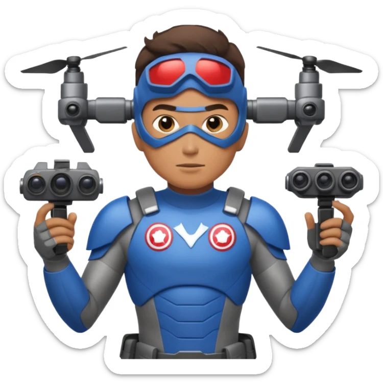 Un photographe homme high tech, une armure de terrain à la super héro. Il a des appareils photos, des caméras embarquées et un drone derrière lui en hauteur. sticker