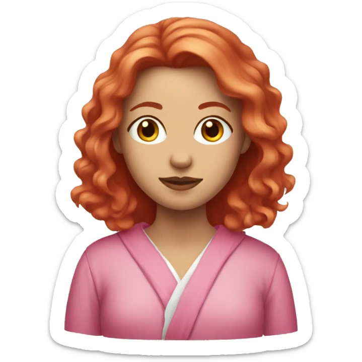 A red-haired girl with long hair in a pink robe and mask sticker