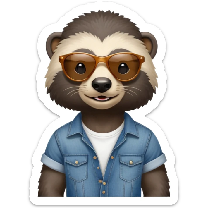 friendly anthropomorphised honey badger in jeans and a t-shirt, wearing sunglasses, head and shoulders view, looking to the side sticker