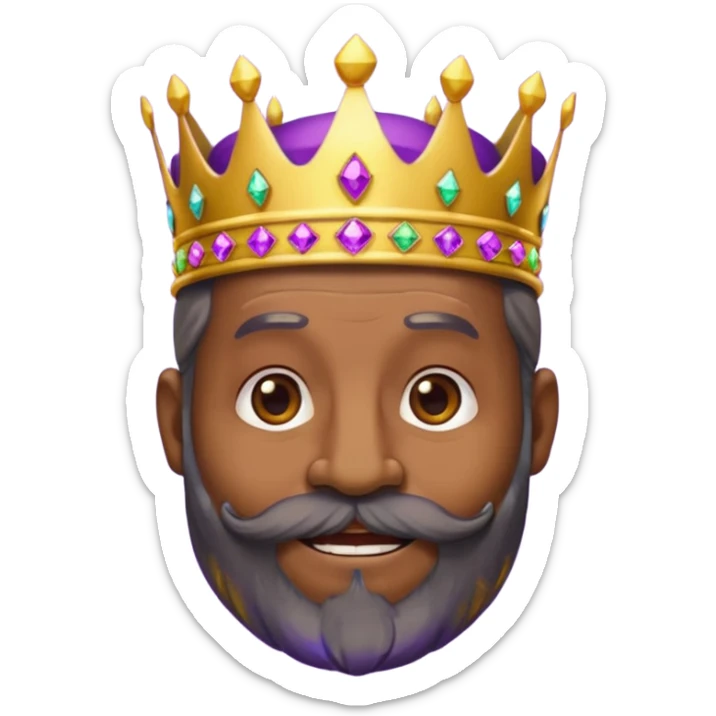 Create a cartoon-style emoji of Baltasar, one of the Three Wise Men. Only show his face and crown. He is older, with dark skin and a full black beard, joyful wrinkles, and a purple and gold jeweled crown. Express warmth, wisdom, and friendliness. Colorful and simple, suitable as an emoji. sticker