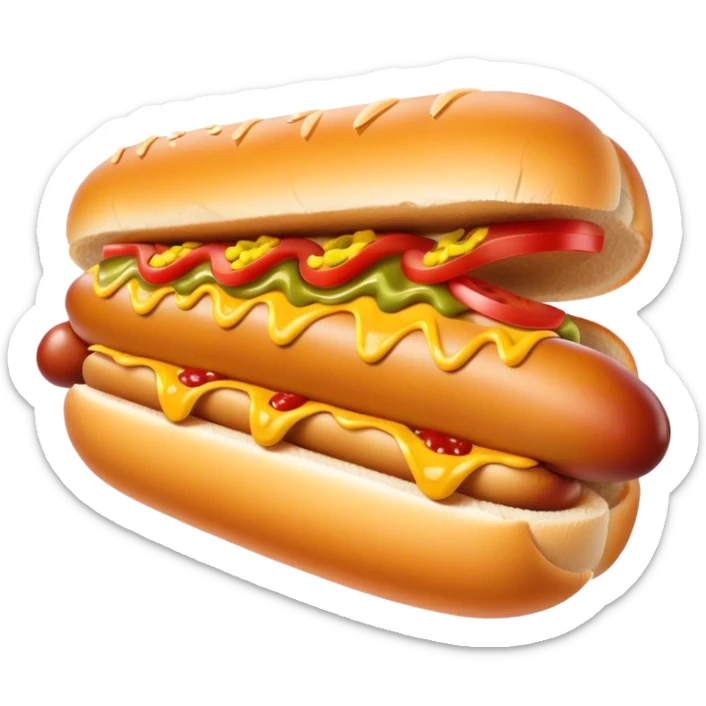 Cinematic Realistic Hot Dog Dish Emoji, featuring a classic hot dog in a bun topped with mustard and relish rendered with crisp textures and vibrant, dynamic lighting. sticker