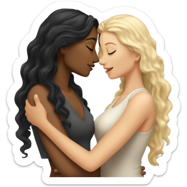 A indian race woman with long black hair kissing a white woman with curly dirty blonde hair, Who embrace each other tenderly sticker
