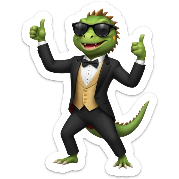 capitalist iguana banker in tuxedo and black sunglasses dancing crazy thumb up sticker
