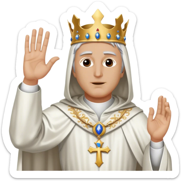 Create an emoji-style image of King Baldwin IV from Kingdom of Heaven. He is standing with his head bowed, wearing a silver mask that covers his face. His right hand is raised in a blessing gesture, and he is dressed in a holy white robe. sticker