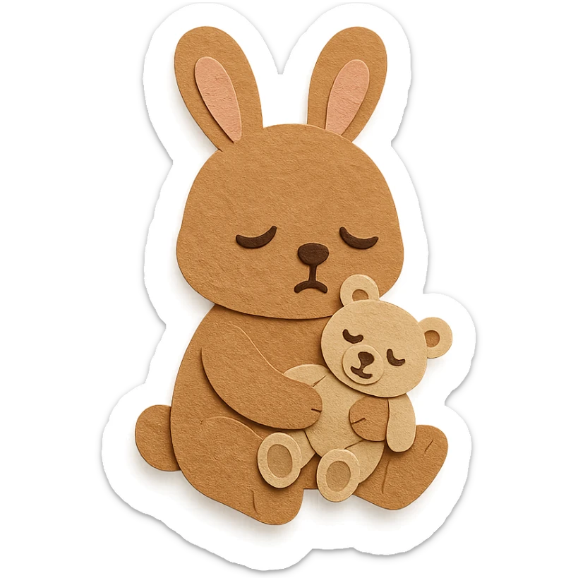 flawless, highly detailed, high quality paper craft style illustration of a caramel-colored bunny holding a teddy bear, eyes drooping, perfect proportions, no imperfections, intricate textures, soft lighting, delicate cut-paper details sticker