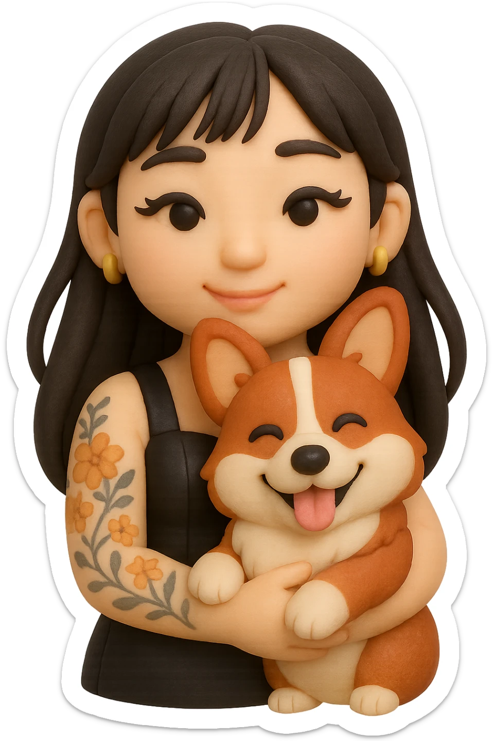 fondant cake art style emoji of an Asian girl with long hair and wispy bangs, black leather dress, gold earrings, subtle false lashes, and a 3/4 sleeve tattoo with flowers on her left arm, hugging a cheerful red head tri-color corgi, simplified, emoji-like sticker