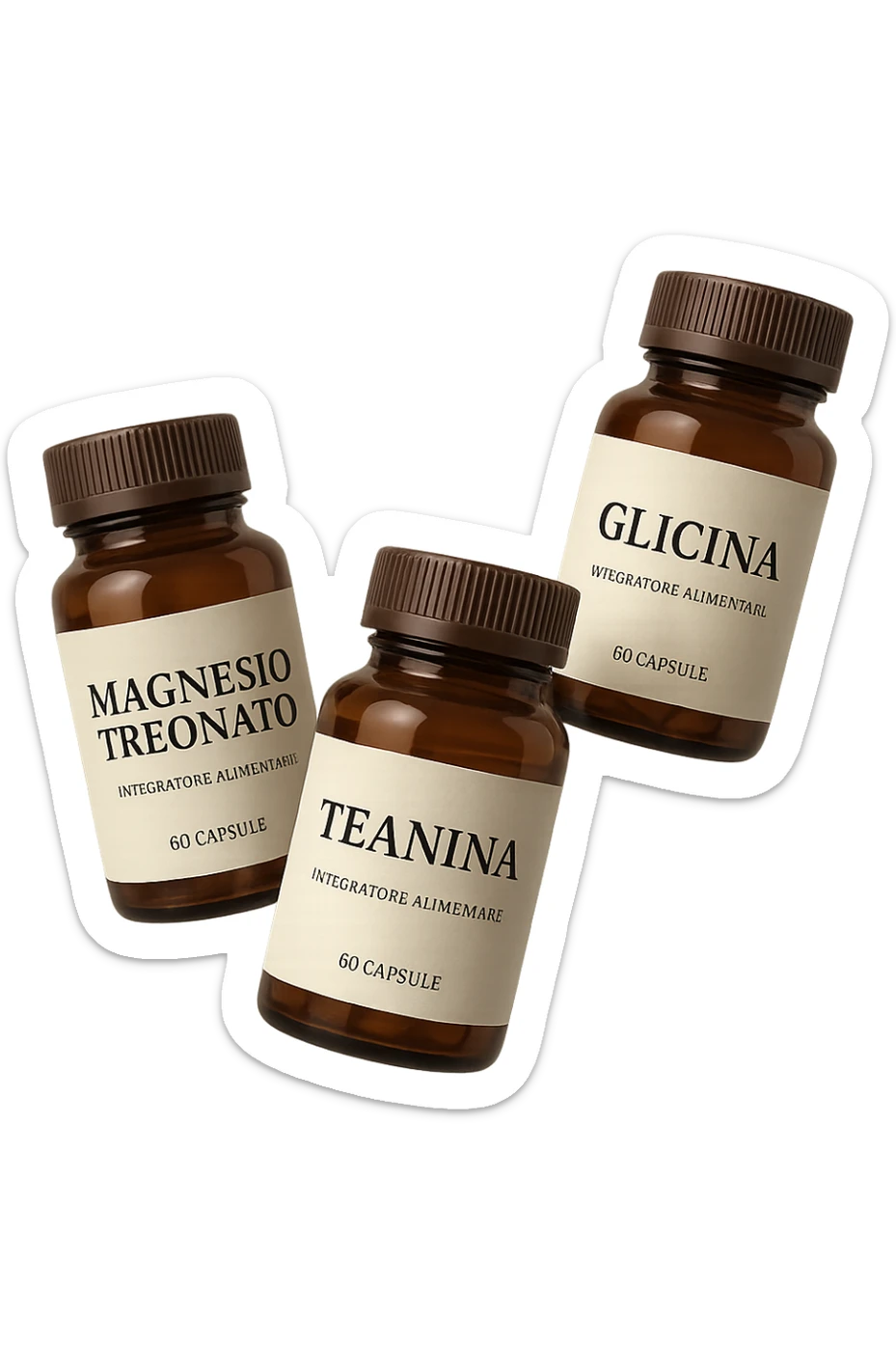3 boccette di integratori: Magnesio Treonato, glicina, teanina in italiano, fluttuano in aria sticker