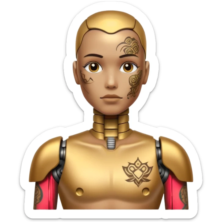gold Tatooed robot with rada, big many tatooes on chest, neck and face, white tatoo on face sticker