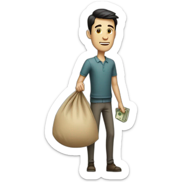 tall skinny white man with short dark hair carrying a big sack of money sticker