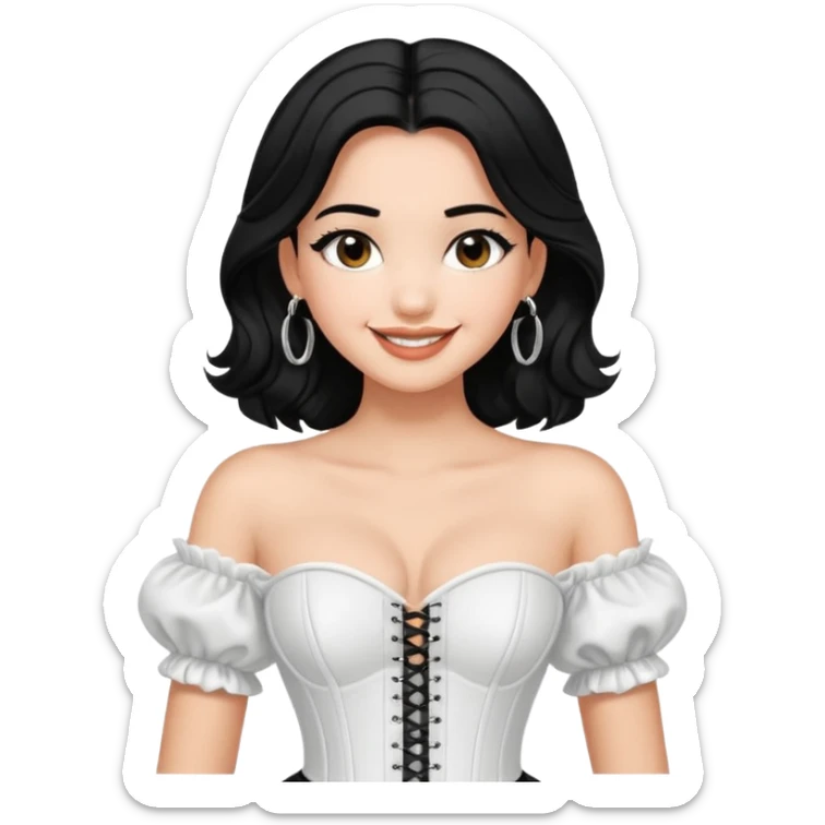 generate a pretty bratz emoji that looks like Kareena Kapoor's Geet character. 
Make her wear a puff sleeve off shoulder white top with a black corset over it. silver hoops, black hair open with middle part. smiling big

She should look like Kareena Kapoor sticker