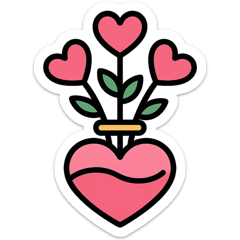 transparent vase in the shape of a pink heart, filled with flowers shaped like pink hearts, clean modern icon style sticker