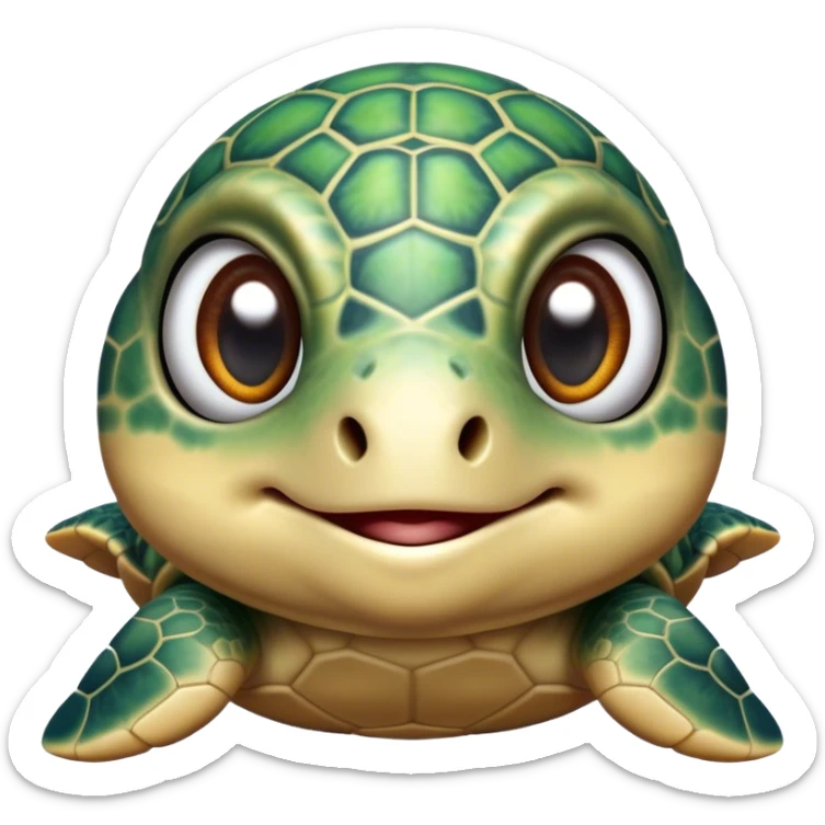 Cinematic Realistic Cute Sea Turtle Portrait Emoji, Head tilted playfully and inquisitively, featuring a compact, gentle form with a beautifully detailed shell adorned with natural patterns and a soft, expressive face with sparkling eyes, rendered with realistic textures and warm ambient light; high shine, affectionate and spirited, styled with a touch of marine whimsy, soft glowing outline, capturing the essence of a mischievous yet lovable sea turtle that seems ready to swim playfully into your arms! sticker