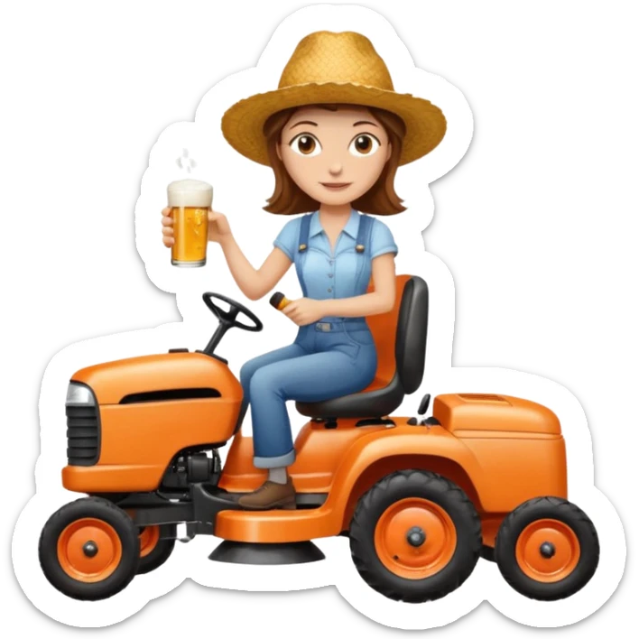 White woman with brown hair, without glasses wearing a straw hat, on old orange ride on lawn mower, holding a beer with one hand and holding the steering wheel with the other hand sticker
