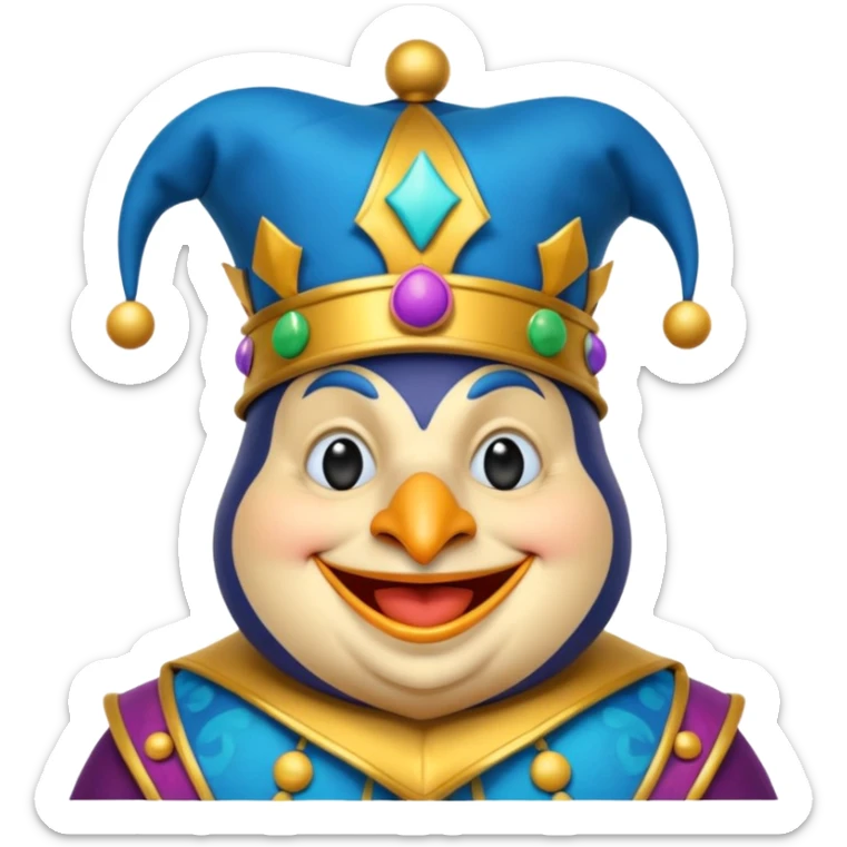 crazy colorful fat penguin jolly joker, medieval, vintage, court jester, mac os icon, blue color sticker