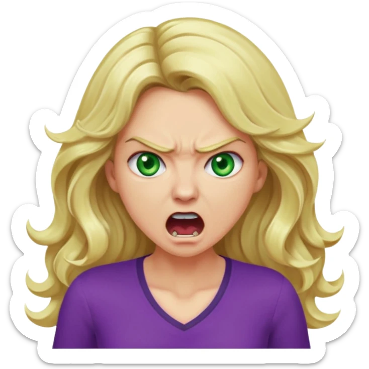 lady with long wavy blonde hair, purple top, green eyes, shouting and looking very angry sticker
