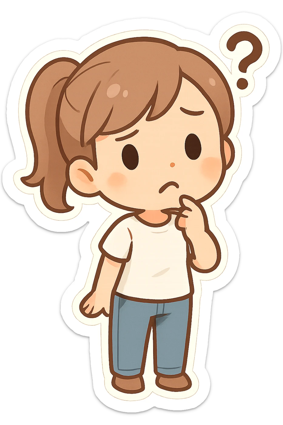 cute mini woman with a ponytail hairstyle, wearing a white t-shirt and jeans, with a confused facial expression, chibi style sticker