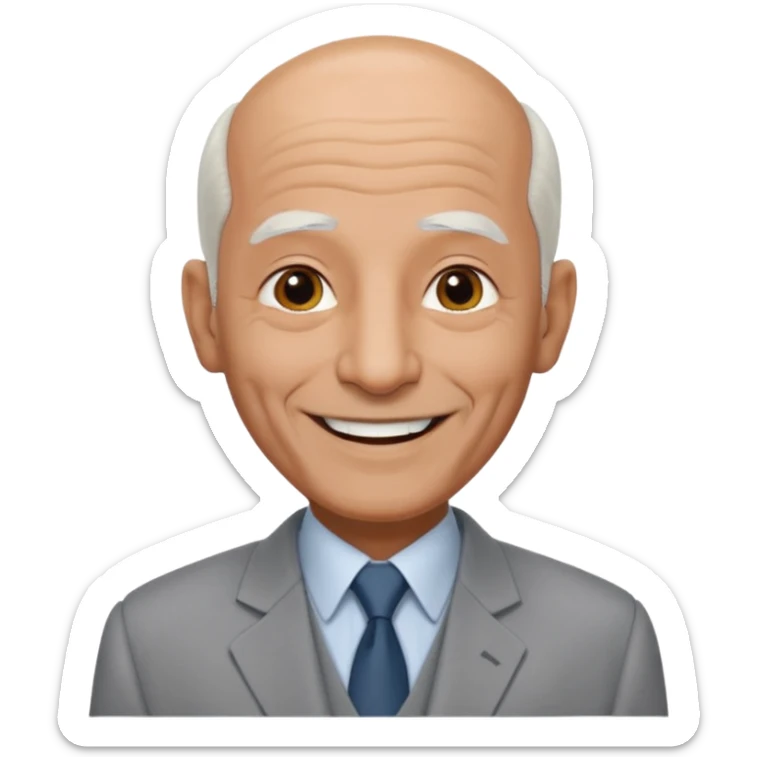 70 yr old man, almost bald, some white hair, pakistani, light grey business suit, big smile, dark skin, no moustache
 sticker