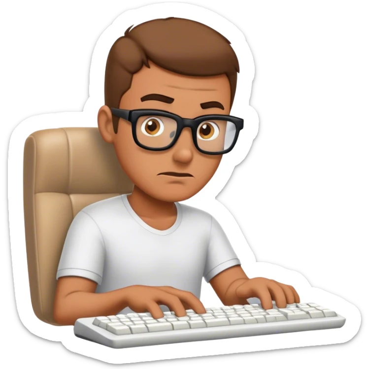 Dessine moi une homme bête devant son ordinateur. L'homme doit avoir l'air très bête devant son clavier d'ordinateur. C'est l'interface chaise / clavier. sticker