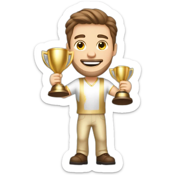the white European man brown hair Celebrating, Raising a gold trophy in your hands, full body, Elegant dress sticker