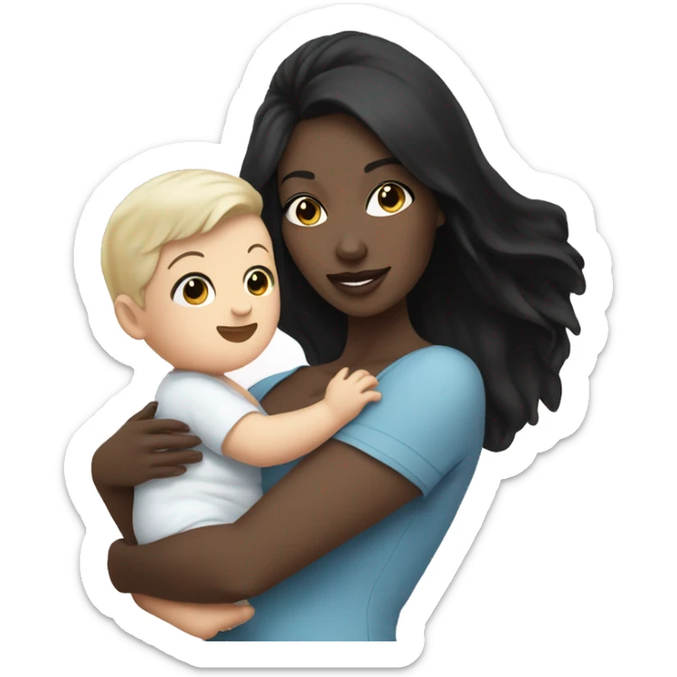 Pretty mom with black hair and white skin holding baby boy black hair with white skin  sticker