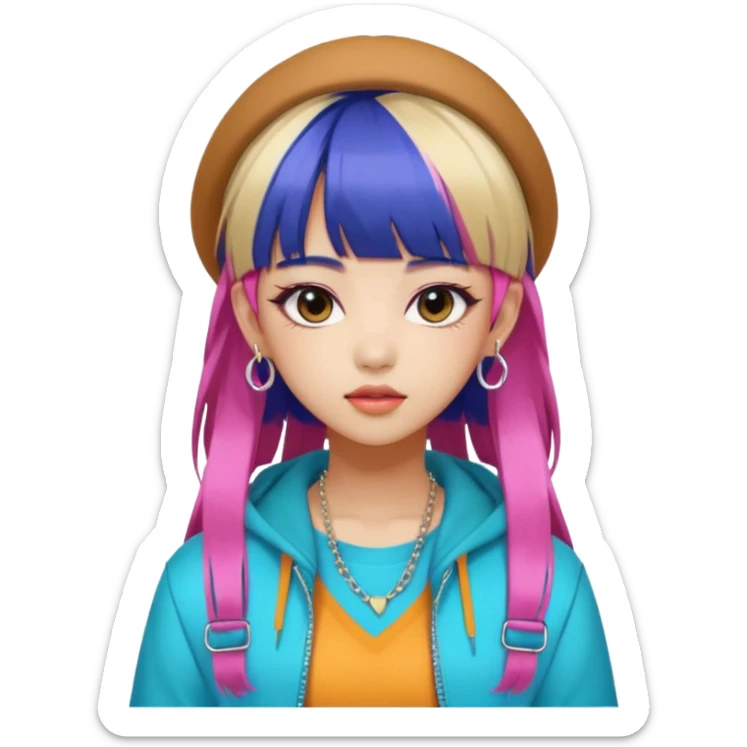 Portrait of a young female K-pop idol, wearing a stylish streetwear outfit with layered clothing and bold accessories, colorful dyed hair with bangs, confident expression, soft lighting, front-facing, energetic and glamorous vibe sticker