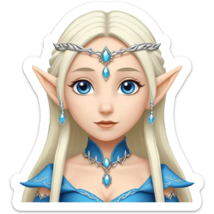 elf princess with pointy ears, white skin, silverblond hair with jewellery, blue eyes sticker