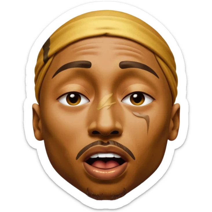 tupac but he's made of gold but he's also in an unbearable amount of pain, he has a really pained expression, his mouth is wide opened and his eyes are closed sticker