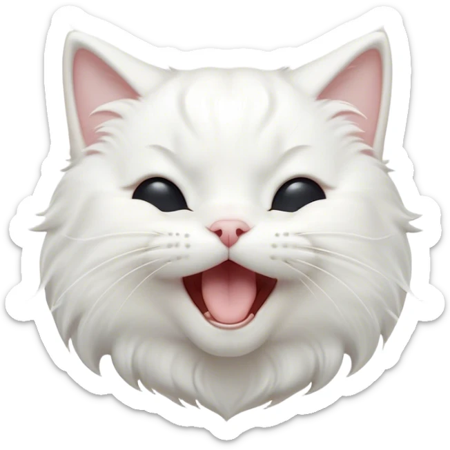 Cinematic Cute Yawning White Cat Portrait Emoji, Head gently tilted with an endearing, wide-open yawn and softly closed eyes, showcasing a pristine white fur with delicate hints of silver, simplified yet irresistibly adorable, highly detailed, glowing with a tender, cozy radiance, high shine, exuding sleepy charm and gentle affection, styled with a soft glowing outline, capturing the essence of a white cat caught mid-yawn, radiating pure, adorable lethargy! sticker