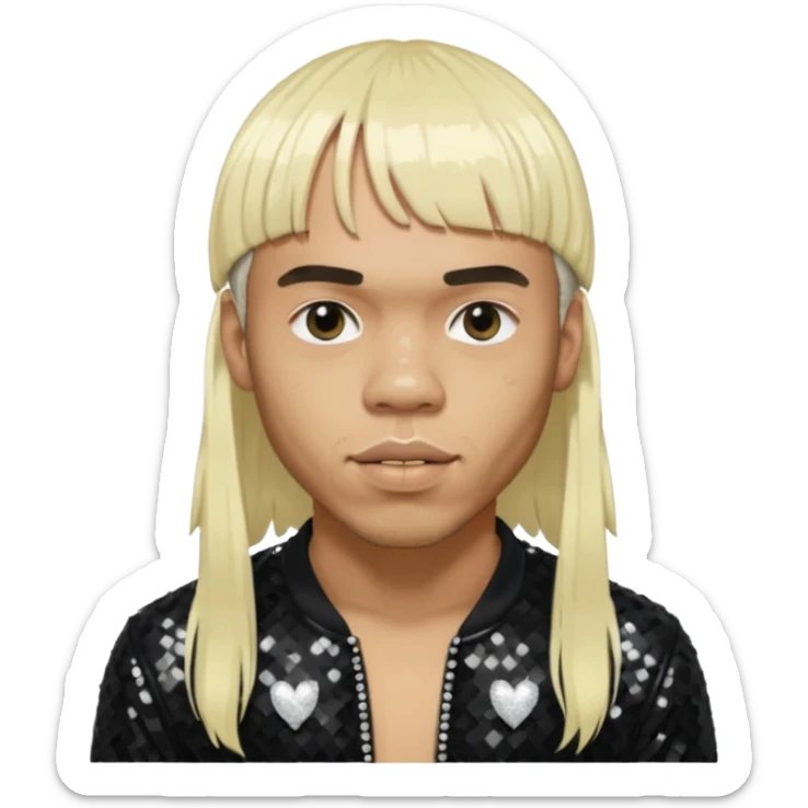 Anderson Paak with long platinum blonde hair with bang, black sequin outfit sticker