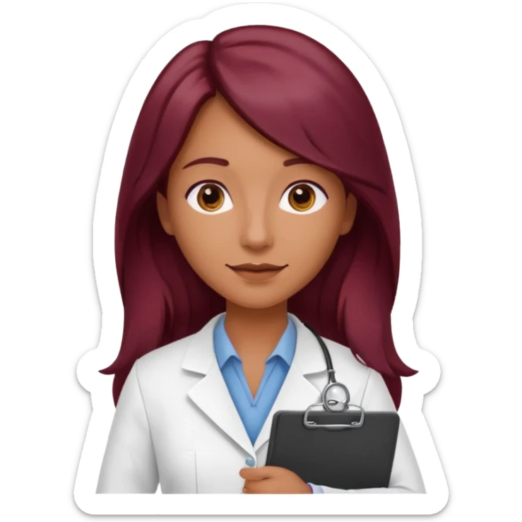 pharmacist with tanned skin and long burgundy hair holding a clipboard sticker
