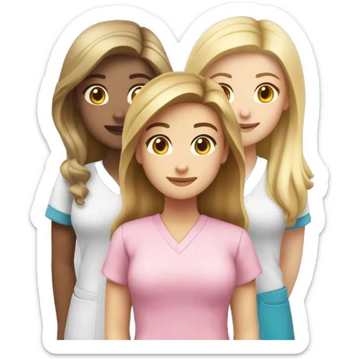 three girls standing together, one of them is Caucasian with long brown hair, next is a Caucasian girl with long blonde hair, next to her is a Caucasian girl with short blonde hair, all of them in pink scrubs dreaming of a perfect flat  sticker