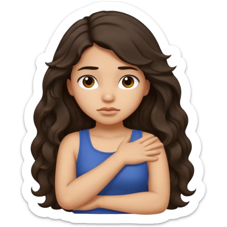 Hispanic light tan girl with long dark wavy hair crossing her arms under arm pit and slightly pouting sticker