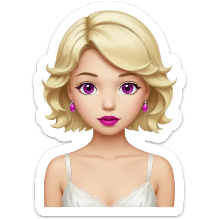 Bride with short wavy blonde hair, hot pink background and white silk chemise dress. Add fuscia background. Add fuscia lipstick sticker