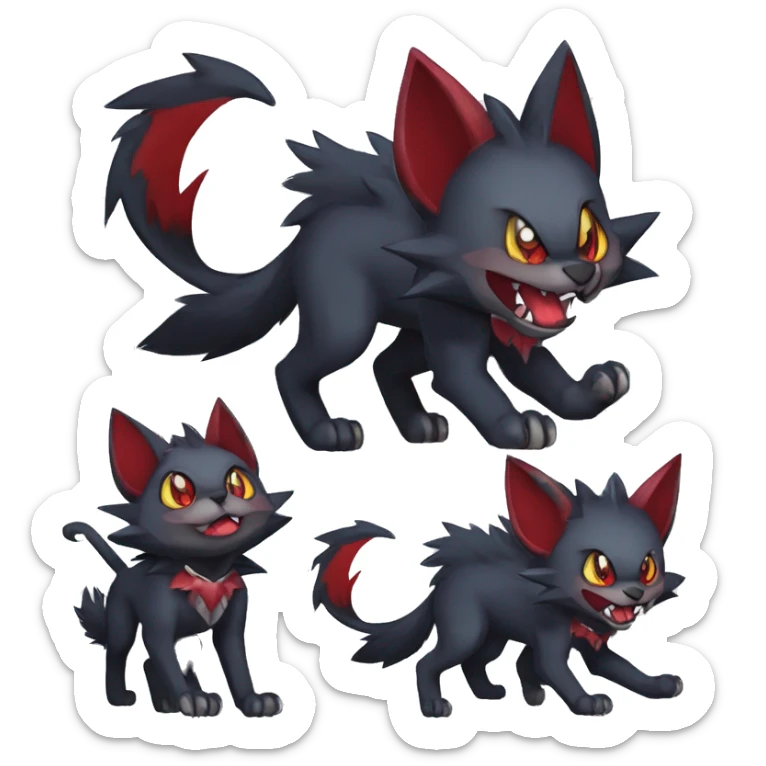   cool edgy fantasy anime-style dark animal vampiric Litten-Zoroark-Nargacuga-cat-hybrid Fakemon with big fangs and bat-ears full body sticker