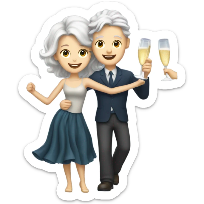 a white boy with gray hair and a girl with long blond wavy hair dancing with a glass of champagne sticker