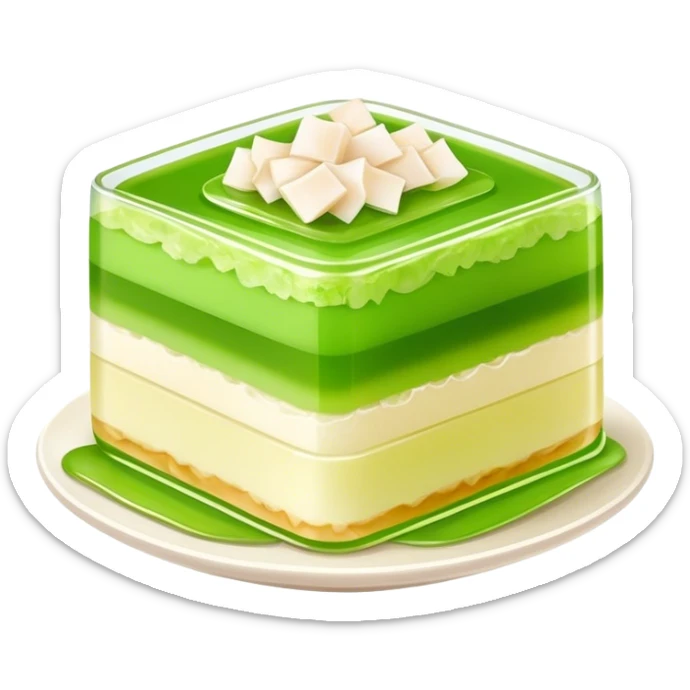 Coconut Pandan Jelly Cinematic Realistic Coconut Pandan Jelly Dessert Emoji, depicted as a layered jelly with distinct strata of coconut and pandan flavors, rendered with delicate textures and vibrant, tropical lighting. sticker