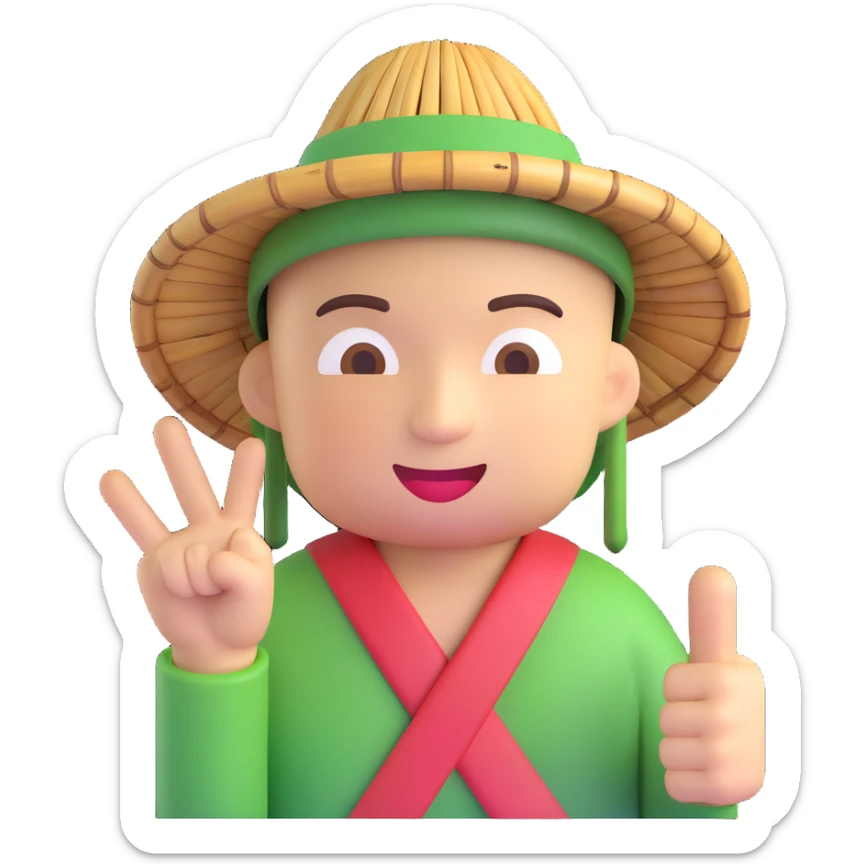 emoji character wearing an Asian bamboo hat, smirking, and pointing the middle finger sticker