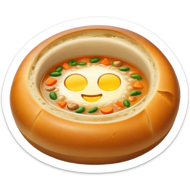 Żurek Cinematic Realistic Żurek Soup Dish Emoji, depicted as a tangy rye soup served inside a hollowed-out round loaf of bread, rendered with rich textures and dynamic, comforting lighting. sticker