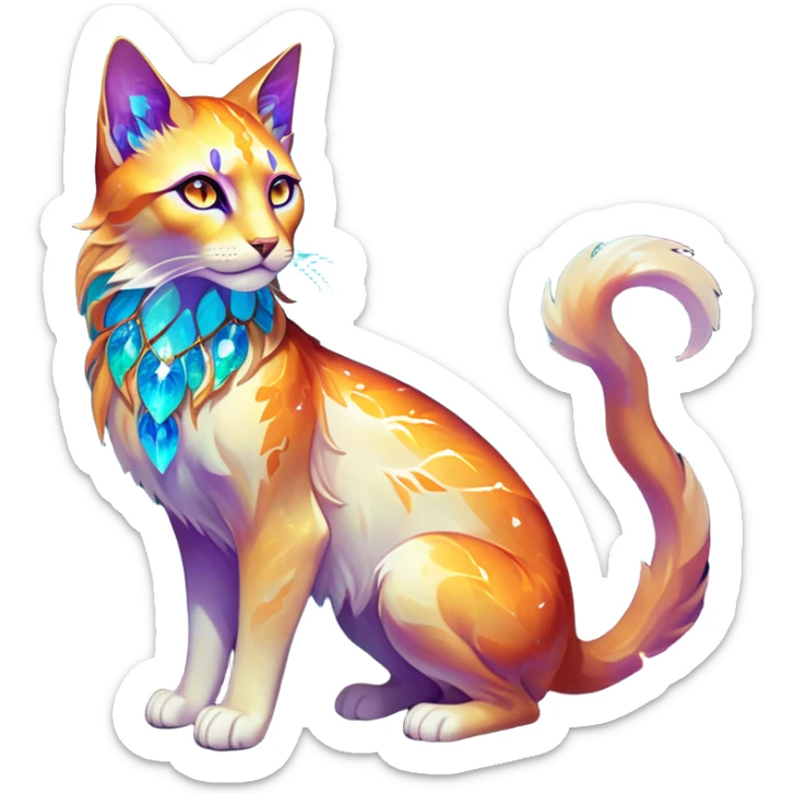 This fascinating hybrid creature combines the crystalline structure of a feline with the warm autumn foliage of a leaf being. Its core body maintains the sleek shape of a cat but is composed of translucent crystals that shift between turquoise blue and amber-orange hues. The creature's face features a blend of feline features with the gentle expression of the leaf being – sharp crystalline ears frame a round, friendly face with glowing purple-amber eyes. Most striking is how autumn leaves emerge from its crystalline body, forming a mane-like collar around its neck and sprouting along its spine and tail. These leaves shimmer with both crystalline properties and natural autumn colors – orange, gold, and deep red – with visible veining that occasionally pulses with energy. When the creature moves, the leaves rustle softly while the crystal body catches light, creating a mesmerizing display of nature and gemstone elements. full body sticker