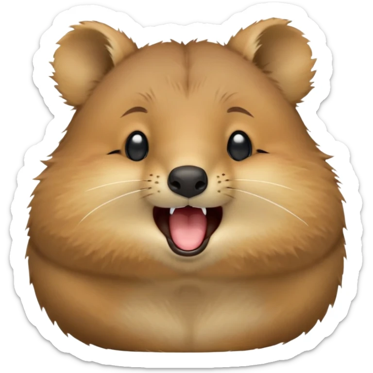 cinematic-realistic  yawning quokka-emoji,-small-round-frame, head tilted in an endearing manner, wouth wide open yawning, sleepy comical smile, round fluffy cheeks, giant-fluffy-cheeks-large-smile-fluffy-brown-fur-radiating-a-warm-softness,-big-round-eyes-filled-with-joy, realistic round  fluffy zoomed in, large black eyes one paw raised in the air sticker