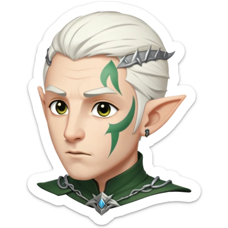 Male Elf with short white hair and rune tattoos running down the left side of his face. He has a scowl and is wearing black armor  sticker