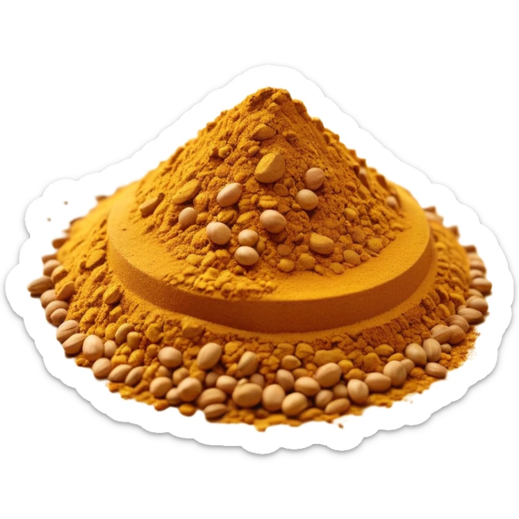 apple emoji aesthetic curry powder, small natural pile with uneven edges, rich golden yellow to ochre, fine grainy texture, dry and fragrant look, no utensils or containers, no faces, clean 3D rendering, soft lighting, transparent background, emoji scale sticker