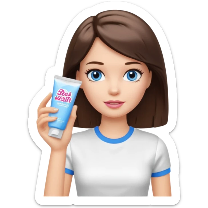 Barbie girl with makeup, blue eyes , and bob long haircut, short brown hair in white T-shirt, face Wash Cream sticker