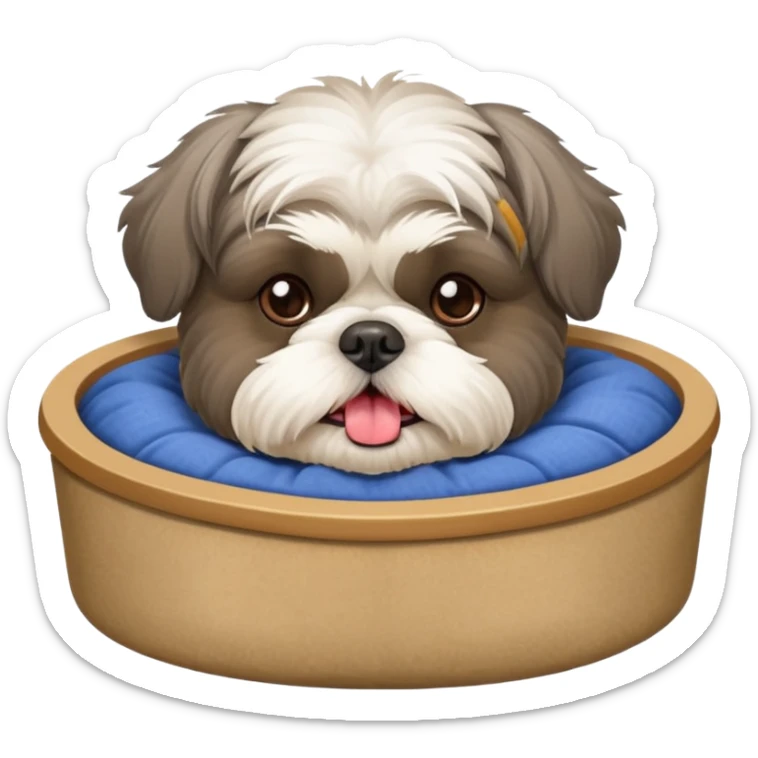old grey shih tzu in dog bed with bowl of food tongue hanging out sticker