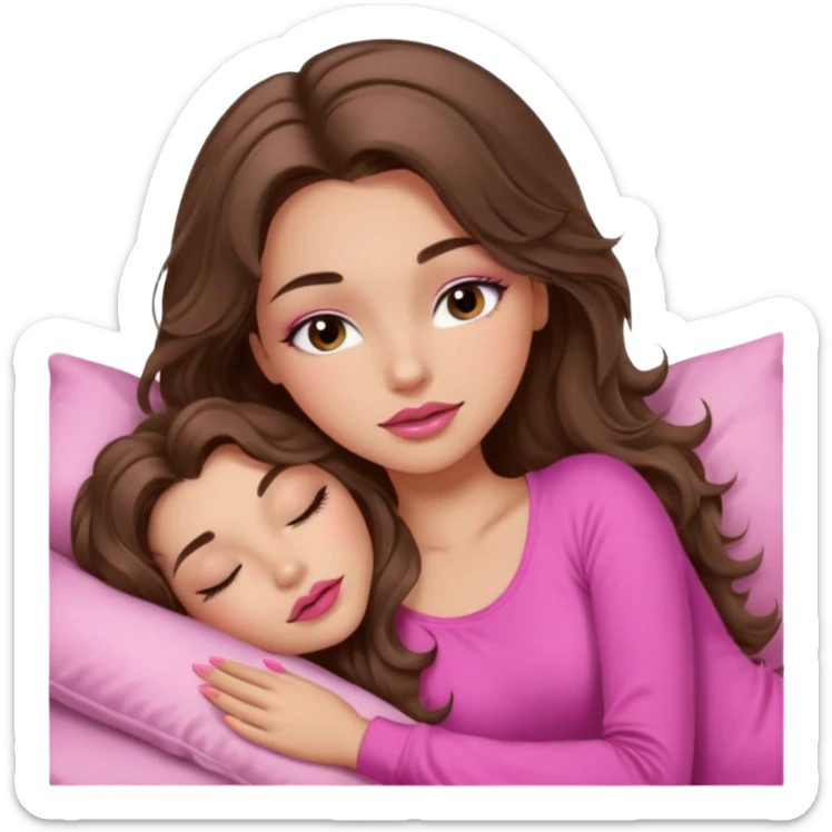 girl with long wavy brown hair, brown eyes, long lashes makeup, sexy pink lips, light to medium complexion, wearing a pink sexy top, sleeping sticker