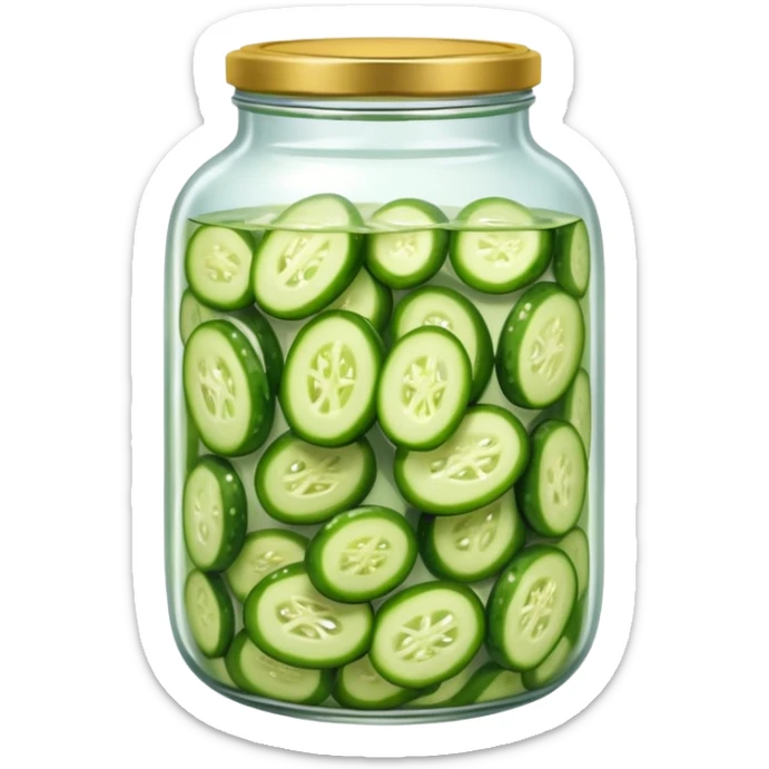 A jar of pickled cucumbers with clear brine and green whole pickles.







 sticker